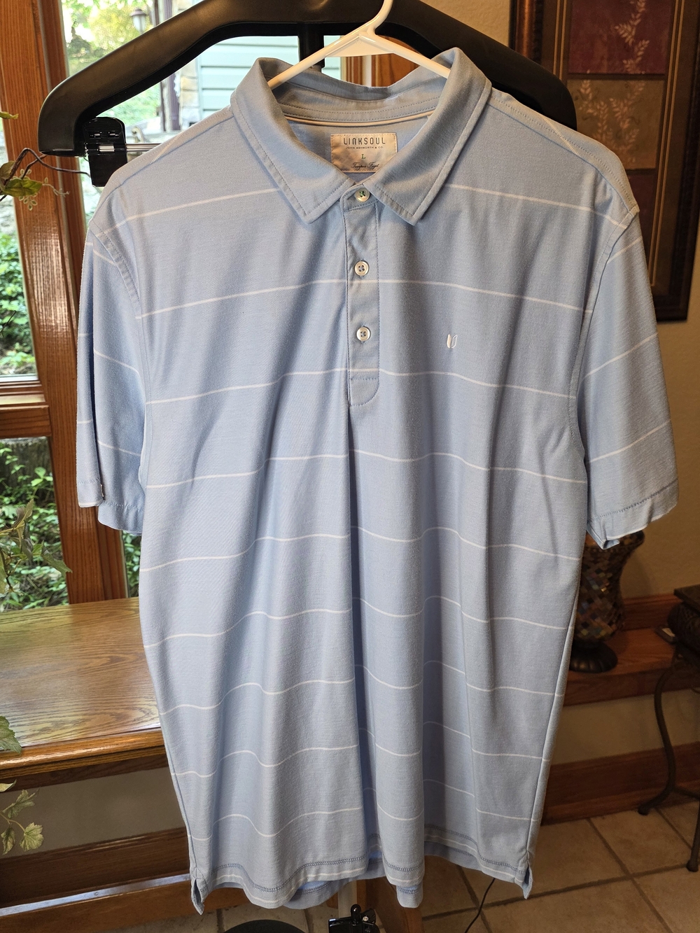 Linksoul Blue Golf Polo w/ White Stripes, "The Riviera Country Club" Logo, Sz Lg